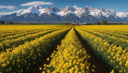 Rapeseed field with snow capped mountains in the background, New Zealandの素材