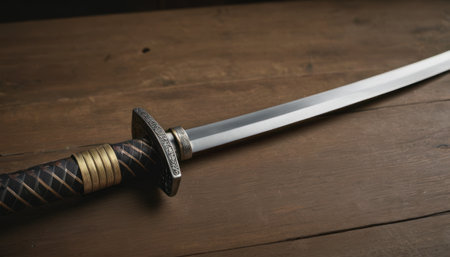 Samurai sword on wooden background, close-up, selective focusの素材