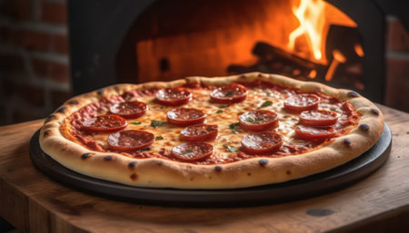 Pizza with mozzarella and salami on a wooden table in front of the ovenの素材