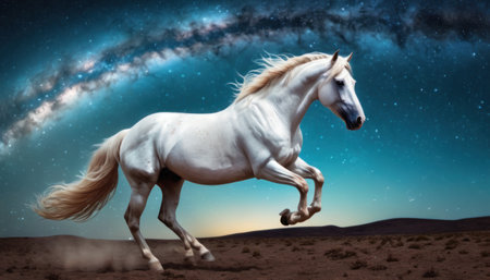 White horse galloping in the starry sky. 3d renderingの素材
