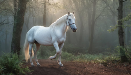 Beautiful white horse in a foggy forest in the morning lightの素材