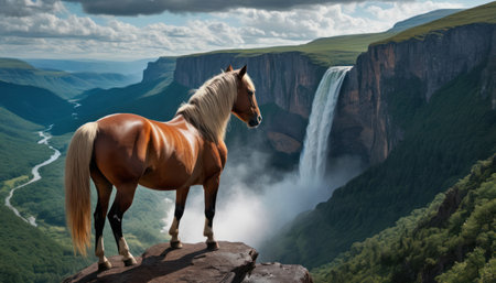 Horse on the edge of the cliff against the background of a waterfallの素材
