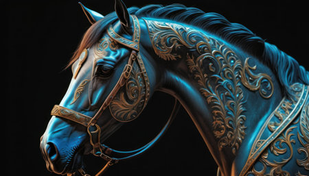 Portrait of a beautiful horse on a black background. Studio shot.の素材