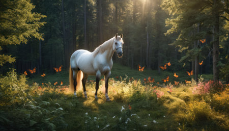 White horse in the forest at sunset. Beautiful summer landscape with horse.の素材
