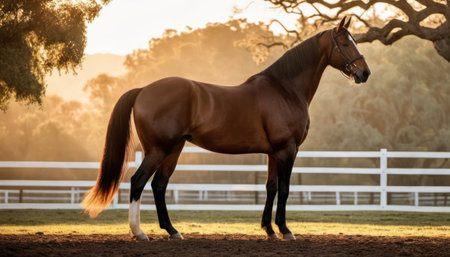 Beautiful bay horse standing in paddock in the morning light.の素材