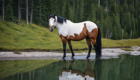 Horse standing in a lake and looking at the camera with reflectionの素材