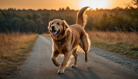 Golden retriever dog running on a rural road at sunset in autumnの素材
