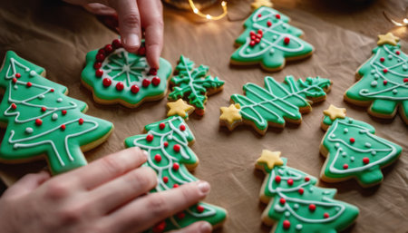 Woman decorating christmas gingerbread cookies in the shape of Christmas treesの素材