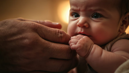 Close-up portrait of a newborn baby in the hands of his fatherの素材