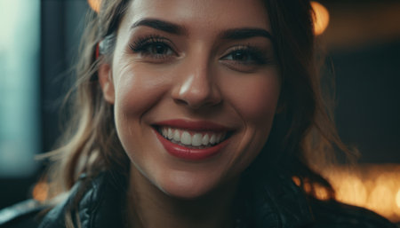 close up view of smiling young woman looking at camera on blurred backgroundの素材