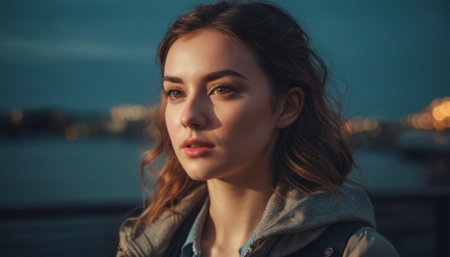 Portrait of a beautiful young woman on the background of the cityの素材