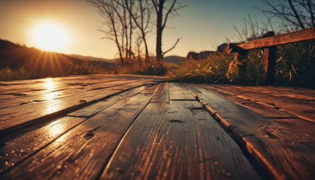 Wooden walkway in the mountains at sunset. Vintage tone.の素材