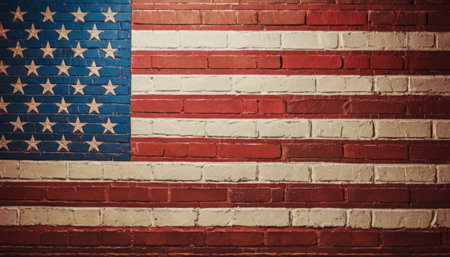 American flag painted on brick wall background. Image toned in vintage styleの素材