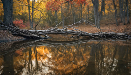 Autumn forest with reflection of trees in water. Beautiful autumn landscapeの素材