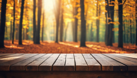 Empty table for display montages in the autumn forest. Wooden background.の素材