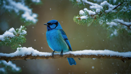 Blue Jay, Cyanocitta cristata, sitting on a branch in the snow.の素材