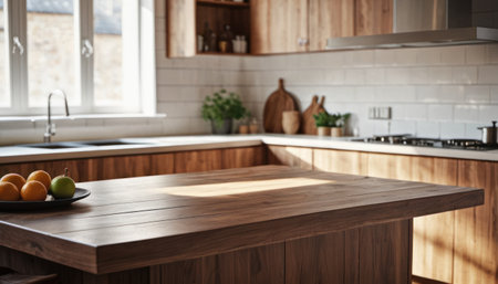 Empty wooden table in modern kitchen interior. Mock up, 3D Renderingの素材