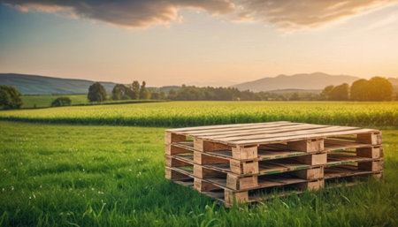 Wooden pallets on the background of a green meadow.の素材