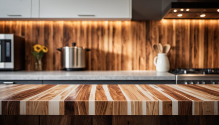 Empty wooden table in front of blurred kitchen interior background. For product displayの素材