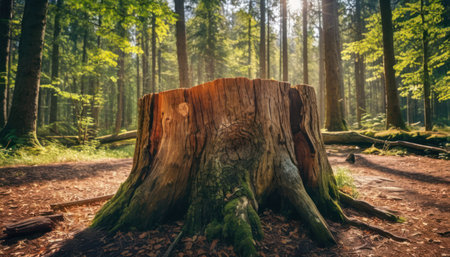 Stump in the forest with sunlight. The concept of environmental conservation.の素材