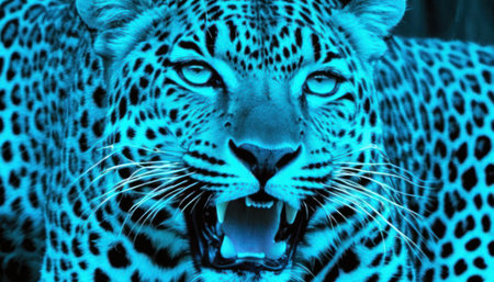 leopard face close up in blue tone, beautiful animal portrait.の素材