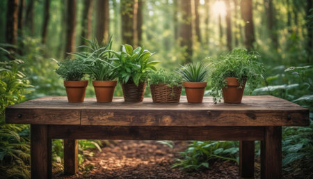 Plants in pots on a wooden table in the forest. Nature conceptの素材