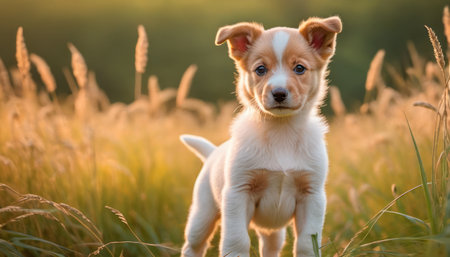 Portrait of a cute puppy of breed Jack Russell Terrier in the field at sunsetの素材