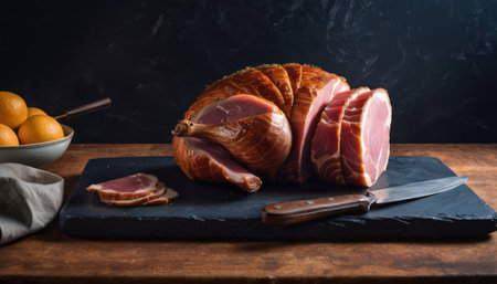 smoked ham on a black board with knife on a wooden tableの素材