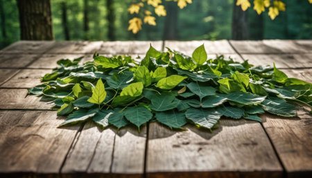 Wooden table with green leaves on the background of the forest.の素材