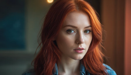 Portrait of a beautiful young woman with red hair and blue eyesの素材
