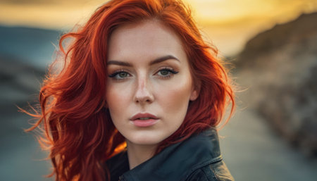 Portrait of a beautiful young woman with red hair on the background of sunsetの素材