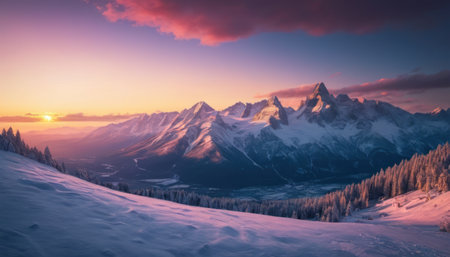 Beautiful winter sunset in the mountains. Panoramic view.の素材