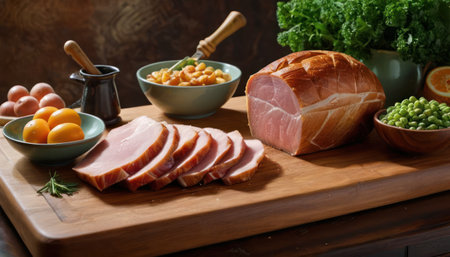 Sliced smoked ham with chickpeas and vegetables on wooden boardの素材