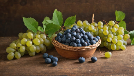 Grapes and blueberries in a basket on a wooden backgroundの素材