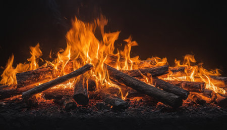 Burning firewood in a campfire on a black background.の素材