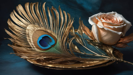Peacock feather and rose on a blue background. Still lifeの素材