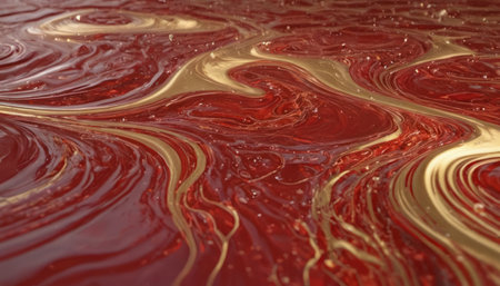 abstract background of red and gold liquid with waves and ripplesの素材