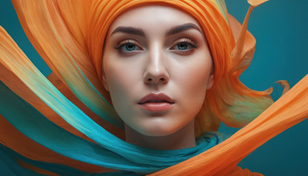 Portrait of a beautiful young woman with an orange scarf on her headの素材