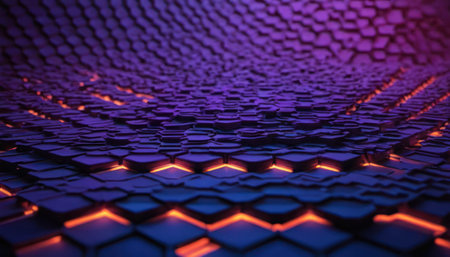 3d render, abstract background with hexagons and glowing neon lightsの素材