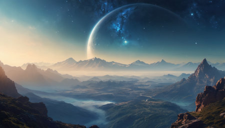 Fantasy alien planet. Mountain and sky. 3D Renderingの素材