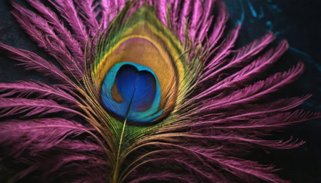 Colorful peacock feathers on a dark background close-up.の素材