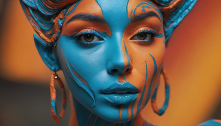 Close-up of the face of a beautiful woman painted with blue paintの素材