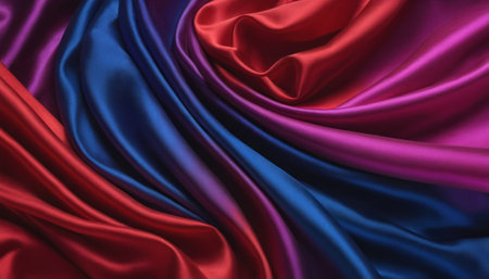 Closeup of rippled red and blue silk satin fabricの素材