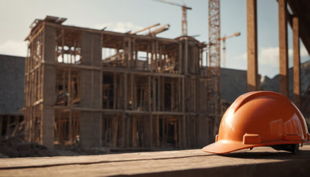 Orange hard hat on a wooden table against the background of a building under constructionの素材