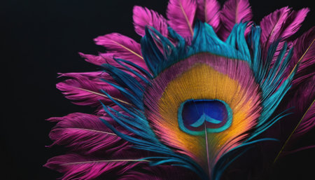 Colorful peacock feathers on a black background. Close up.の素材