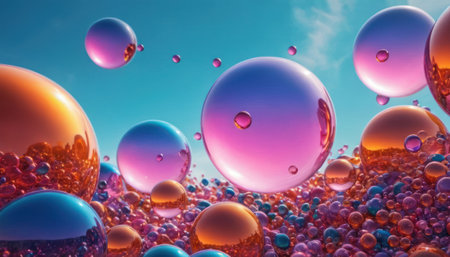 3d rendering of colorful bubbles in water with blue sky background.の素材