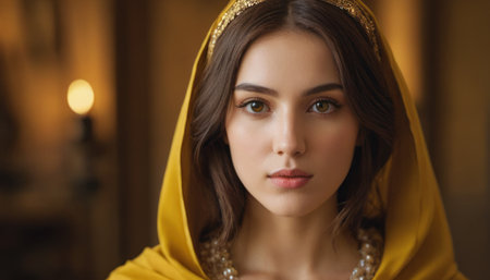 beautiful young woman in a yellow shawl on her headの素材