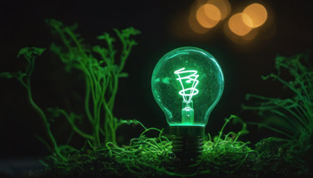 Eco concept. Glowing light bulb in green moss on dark backgroundの素材