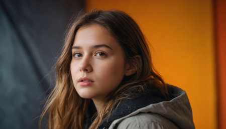 Portrait of a beautiful young girl in a coat on an orange backgroundの素材