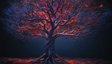 3D rendering of a fantasy tree in red and blue colors.の素材
